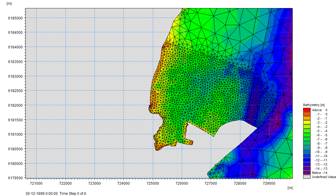 Figur 2.2 Nærbillede af beregningsnettet i Svanemøllebugten. 2.2.2 Vind og vandstande anvendt til modelberegninger Bølgemodellen Bølgerne genereres primært af vindens påvirkning på havoverfladen.