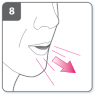 Perforering af kapslen: Hold inhalatoren lodret med mundstykket opad. Perforer kapslen ved samtidigt at trykke begge sideknapper helt ind.