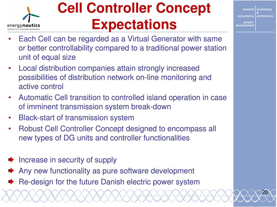 island operation in case of imminent transmission system break-down Black-start of transmission system Robust Cell Controller Concept designed to encompass all new types of DG