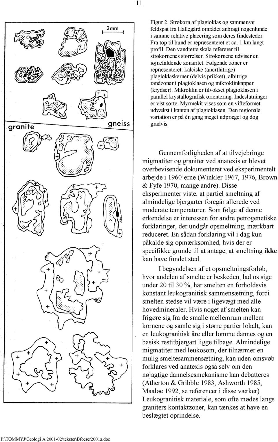 Følgende zoner er repræsenteret: kalciske (anorthitrige) plagioklaskerner (delvis prikket), albitrige randzoner i plagioklasen og mikroklinkapper (krydser).