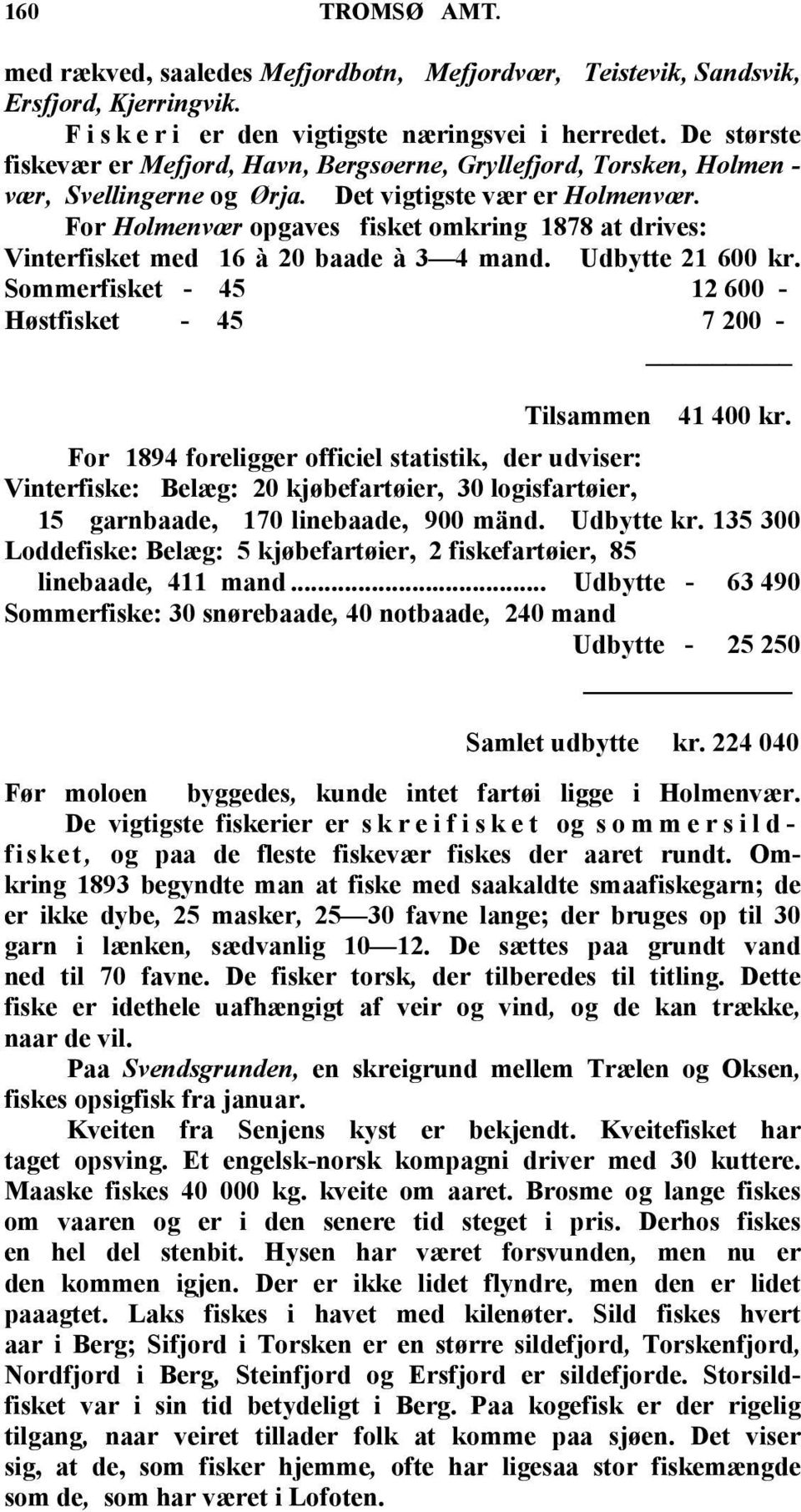 For Holmenvœr opgaves fisket omkring 1878 at drives: Vinterfisket med 16 à 20 baade à 3 4 mand. Udbytte 21 600 kr. Sommerfisket - 45 12 600 - Høstfisket - 45 7 200 - Tilsammen 41 400 kr.