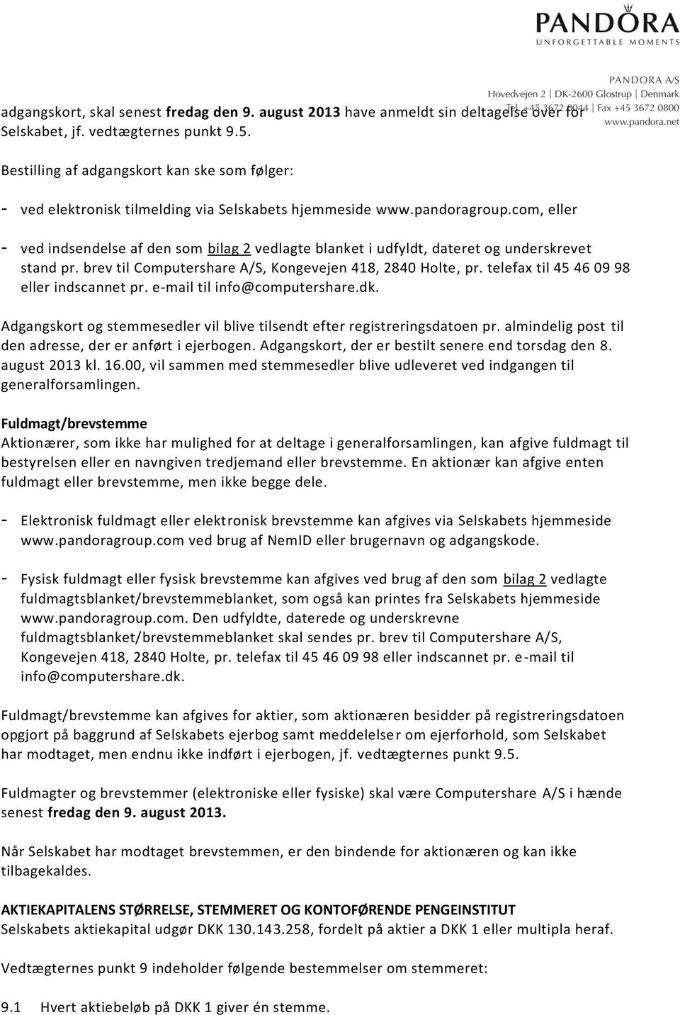PANDORA A/S INDKALDELSE TIL EKSTRAORDINÆR GENERALFORSAMLING - PDF Free  Download