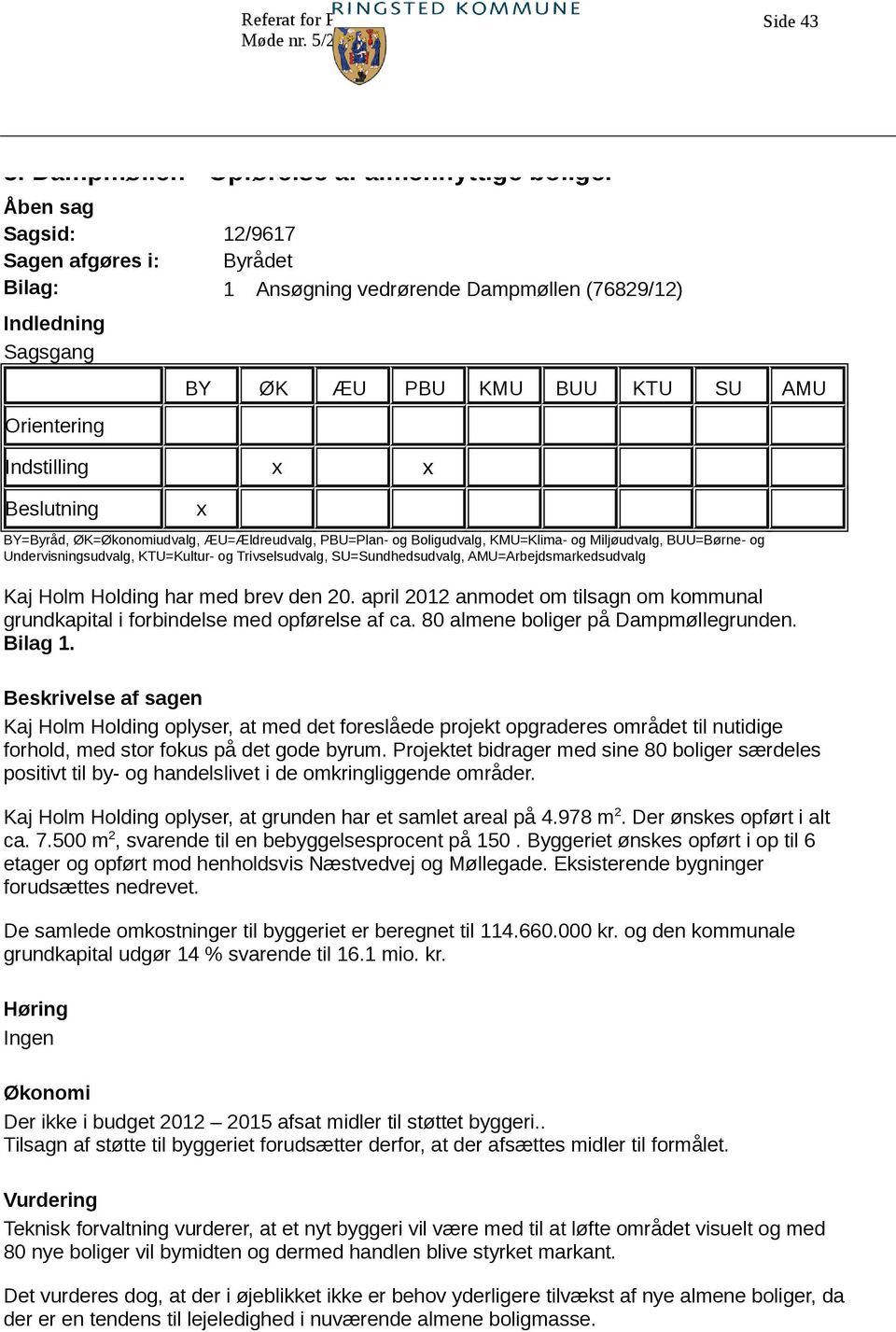 Trivselsudvalg, SU=Sundhedsudvalg, AMU=Arbejdsmarkedsudvalg Kaj Holm Holding har med brev den 20. april 2012 anmodet om tilsagn om kommunal grundkapital i forbindelse med opførelse af ca.