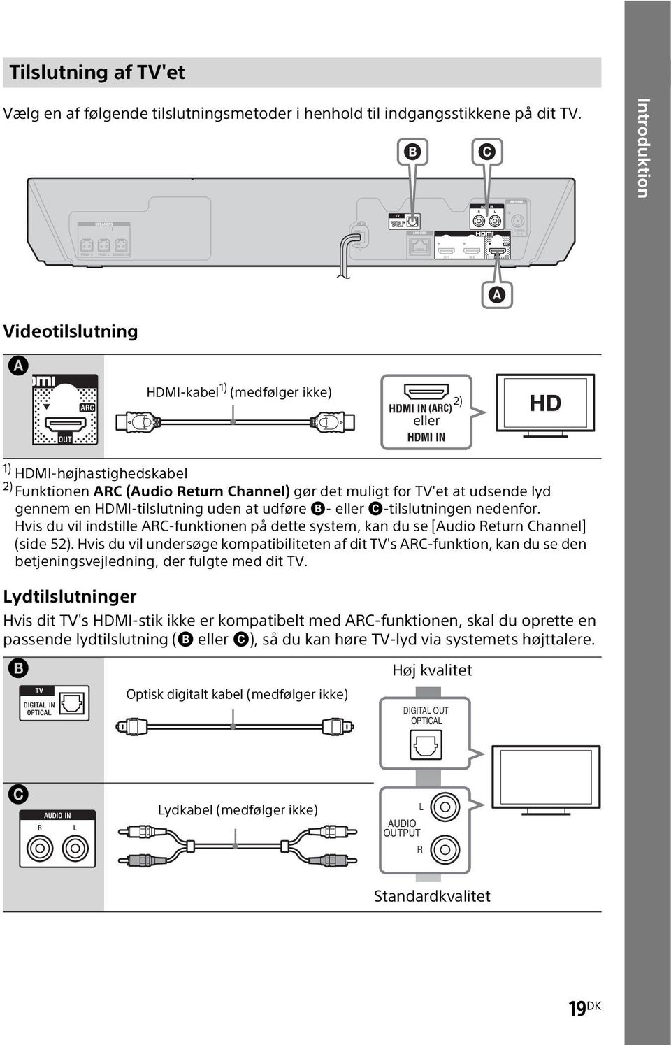 HDMI-tilslutning uden at udføre B- eller C-tilslutningen nedenfor. Hvis du vil indstille ARC-funktionen på dette system, kan du se [Audio Return Channel] (side 52).