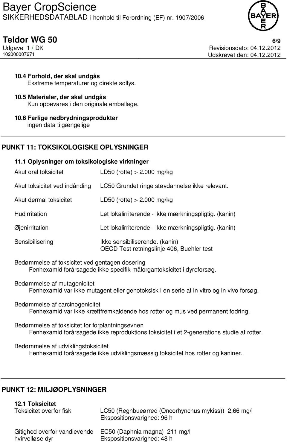 000 mg/kg Akut toksicitet ved indånding Akut dermal toksicitet Hudirritation Øjenirritation Sensibilisering LC50 Grundet ringe støvdannelse ikke relevant. LD50 (rotte) > 2.