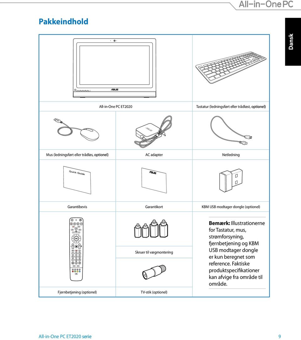 # Fjernbetjening (optionel) Skruer til vægmontering TV-stik (optionel) Bemærk: Illustrationerne for Tastatur, mus, strømforsyning, fjernbetjening og