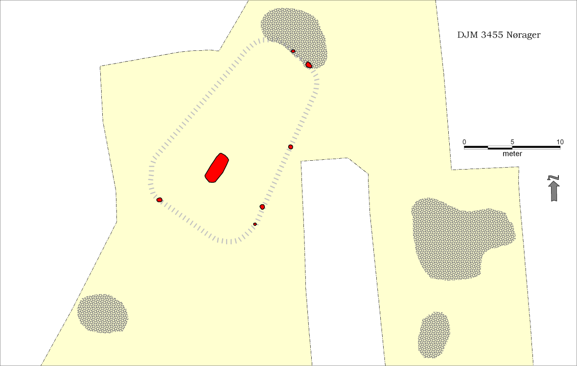 Spor af stolpesætninger: Omkring grave A25 blev fundet spor af stolpehuller, en del markeret af trækulsfarvning, som stod i et rektangulært forløb omkring graven (stolpehullerne A111, A113, A117,