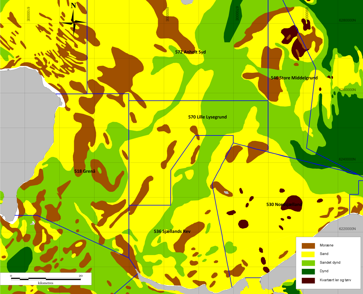 Som det fremgår af havbundssedimentkortet (figur 9.3) dominerer sandet dynd havbunden i de dybereliggende områder. Det omfatter bl.a. den sydlige del af Grenå projektområdet området samt de dybereliggende områder mod nordøst.