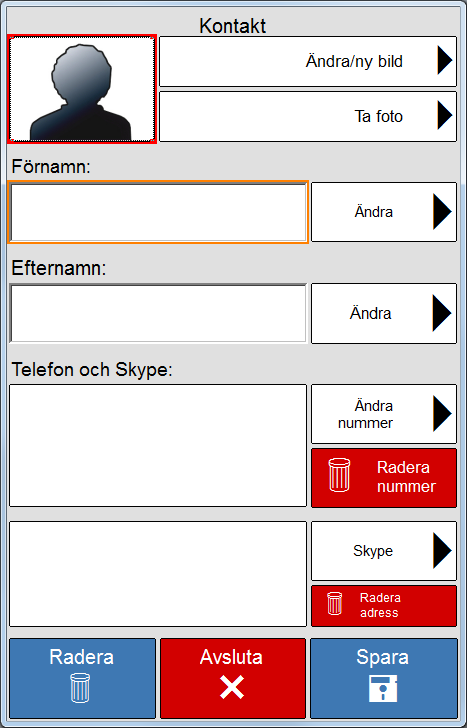 6 Kontakter Kontakter er en funktion, hvor man kan indlægge billede og telefonnummer, samt Skypeadresse til en person. Skype-adressen kan kun lægges ind på Memoplanner.