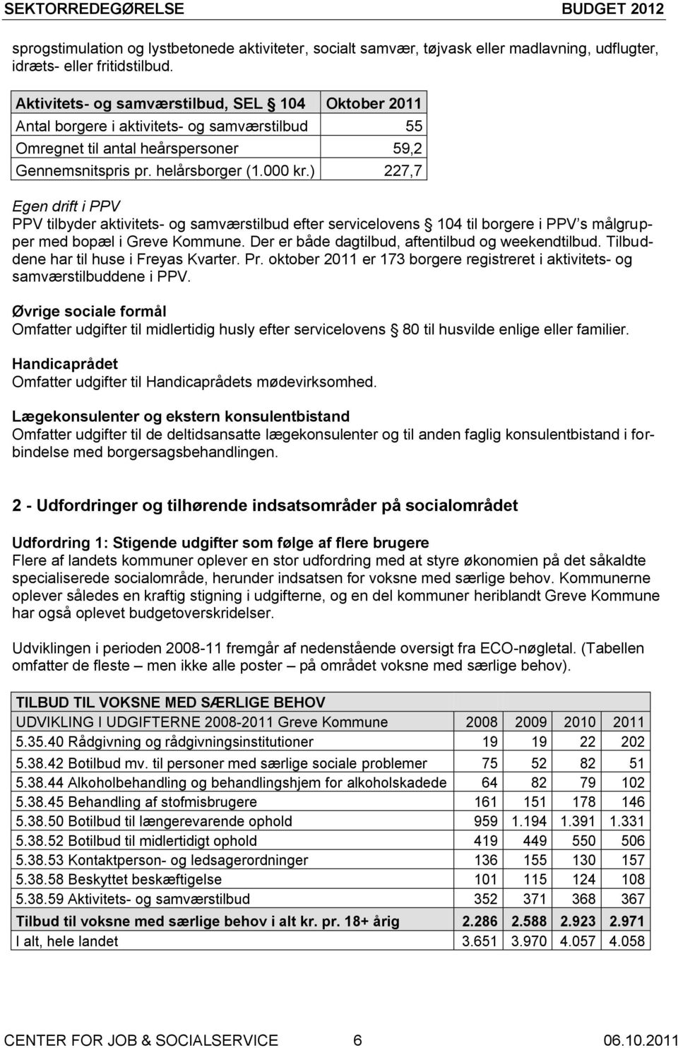 ) 227,7 Egen drift i PPV PPV tilbyder aktivitets- og samværstilbud efter servicelovens 104 til borgere i PPV s målgrupper med bopæl i Greve Kommune.