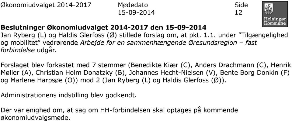 Forslaget blev forkastet med 7 stemmer (Benedikte Kiær (C), Anders Drachmann (C), Henrik Møller (A), Christian Holm Donatzky (B), Johannes Hecht-Nielsen (V), Bente Borg