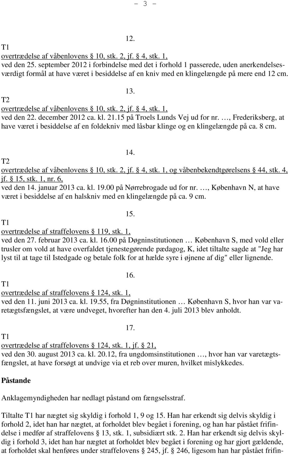 T2 overtrædelse af våbenlovens 10, stk. 2, jf. 4, stk. 1, ved den 22. december 2012 ca. kl. 21.15 på Troels Lunds Vej ud for nr.