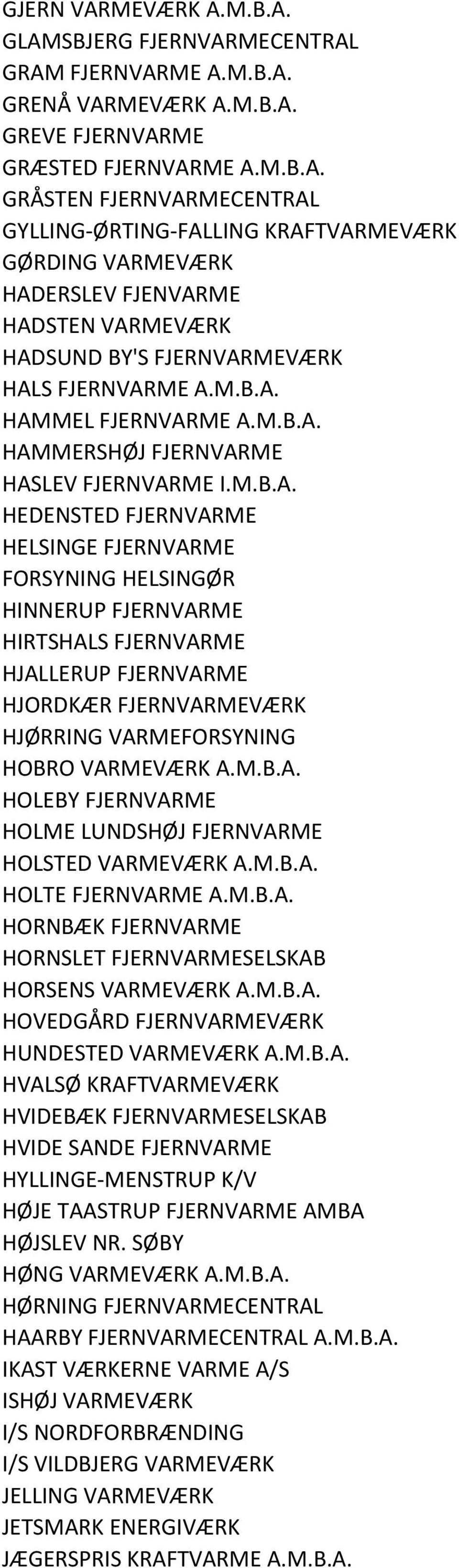 M.B.A. HOLEBY FJERNVARME HOLME LUNDSHØJ FJERNVARME HOLSTED VARMEVÆRK A.M.B.A. HOLTE FJERNVARME A.M.B.A. HORNBÆK FJERNVARME HORNSLET FJERNVARMESELSKAB HORSENS VARMEVÆRK A.M.B.A. HOVEDGÅRD FJERNVARMEVÆRK HUNDESTED VARMEVÆRK A.
