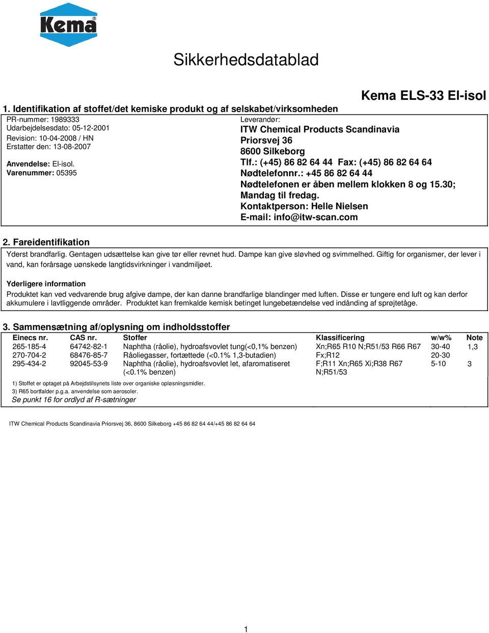 Varenummer: 05395 2. Fareidentifikation Leverandør: ITW Chemical Products Scandinavia Priorsvej 36 8600 Silkeborg Tlf.: (+45) 86 82 64 44 Fax: (+45) 86 82 64 64 Nødtelefonnr.