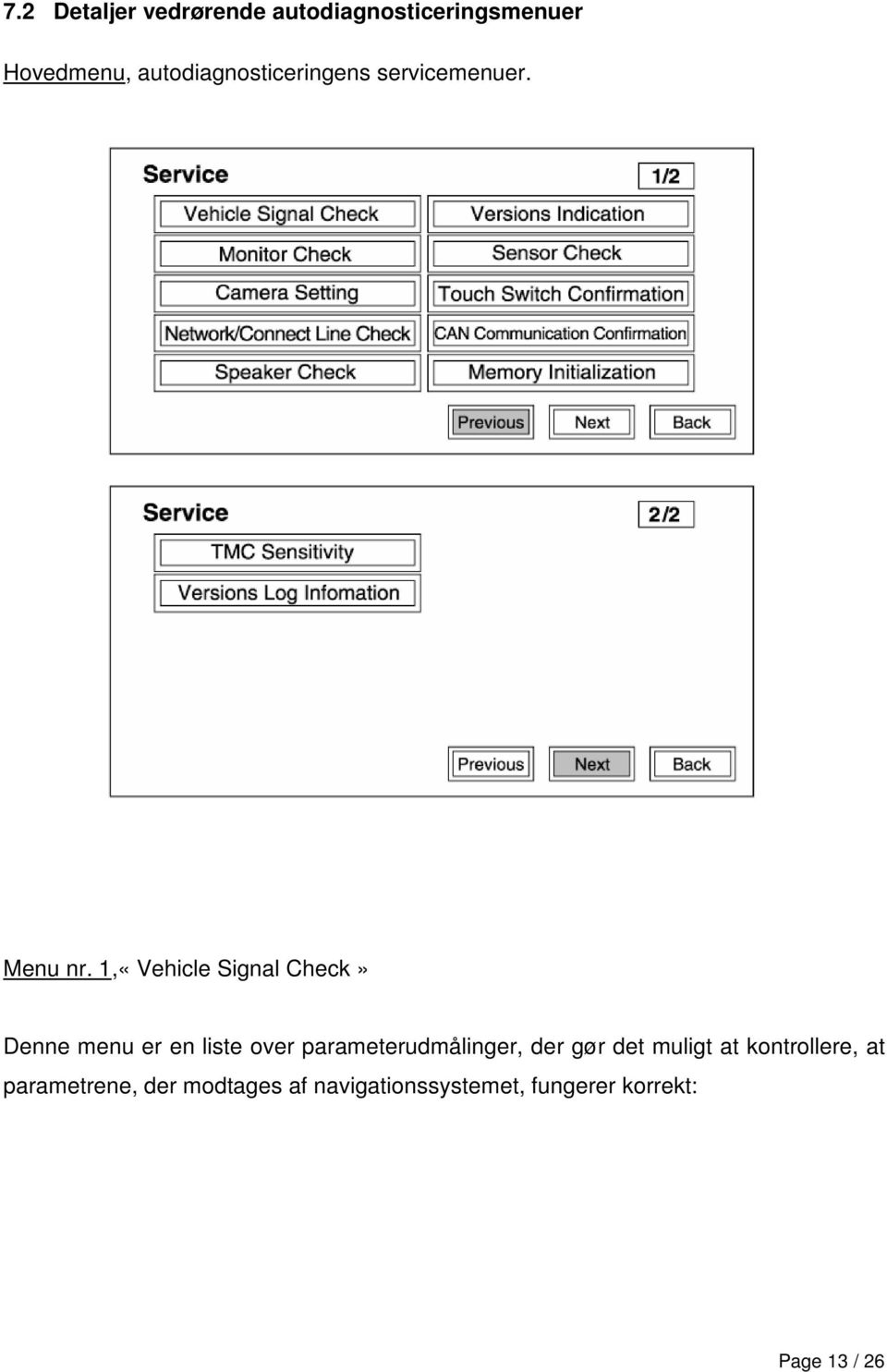 1,«Vehicle Signal Check» Denne menu er en liste over parameterudmålinger,