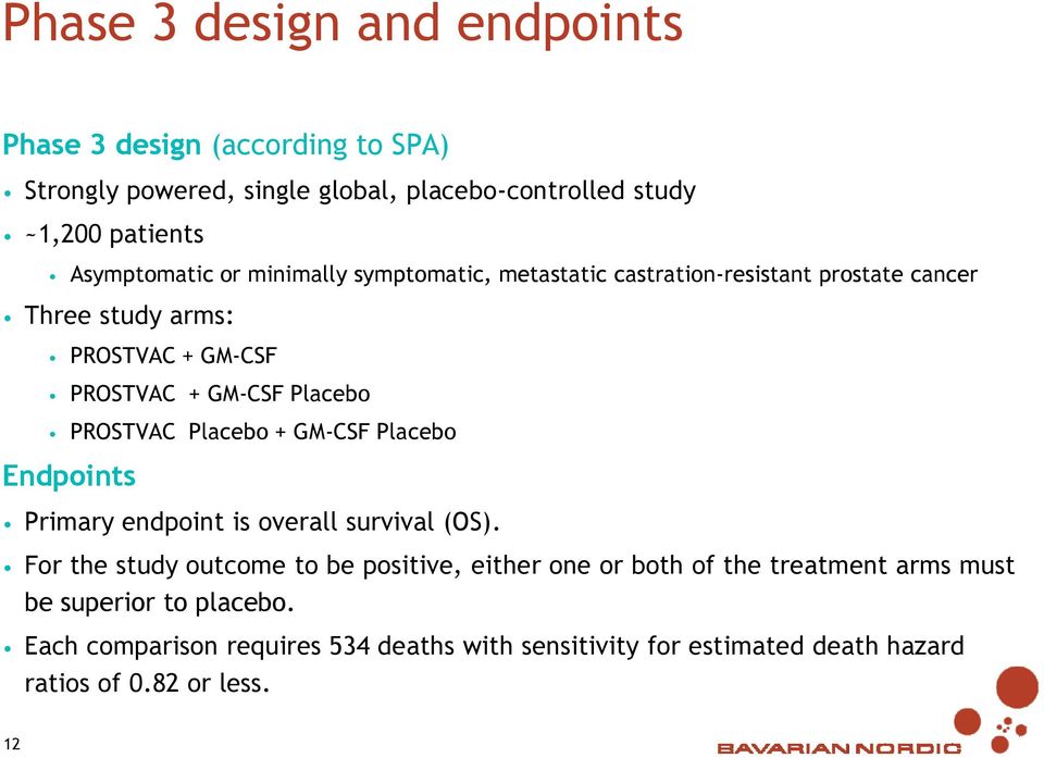 Placebo PROSTVAC Placebo + GM-CSF Placebo Endpoints Primary endpoint is overall survival (OS).