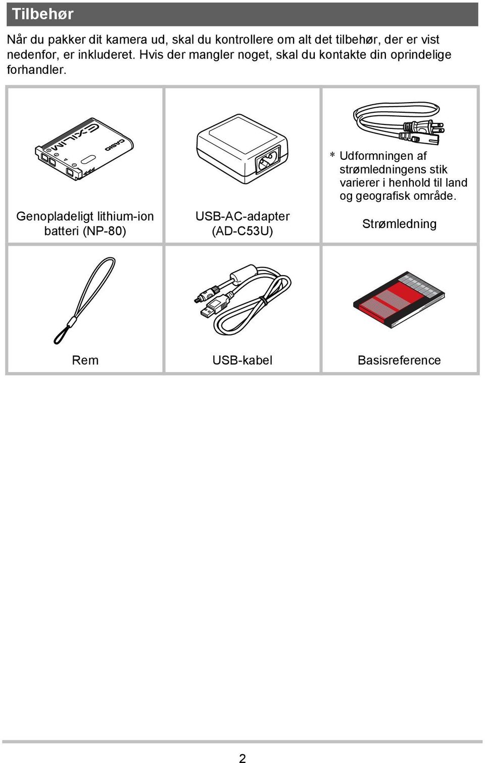 Genopladeligt lithium-ion batteri (NP-80) USB-AC-adapter (AD-C53U) * Udformningen af