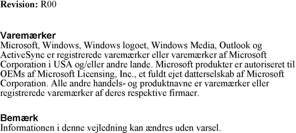 Microsoft produkter er autoriseret til OEMs af Microsoft Licensing, Inc.