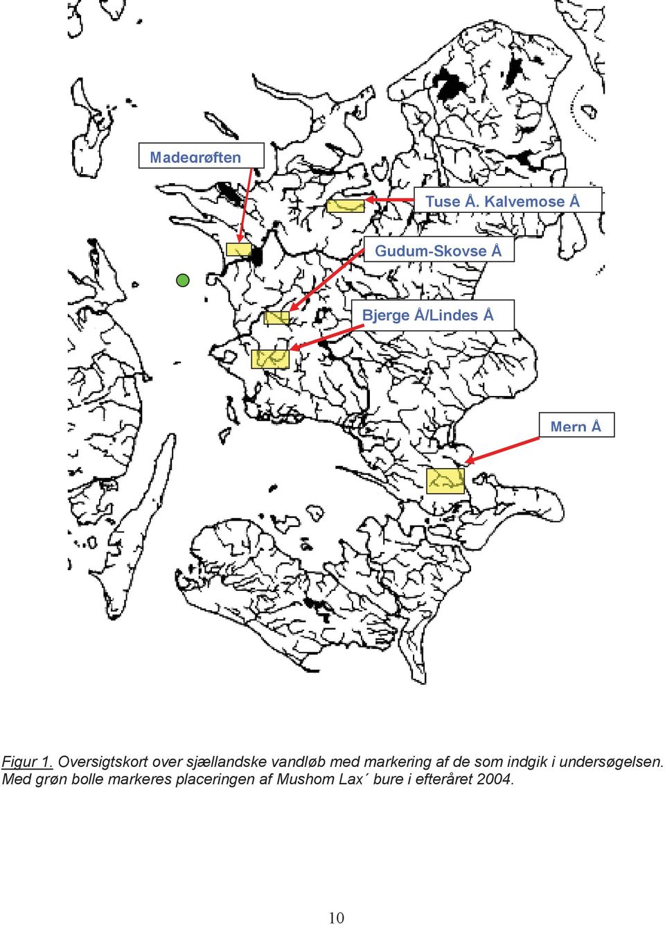 Oversigtskort over sjællandske vandløb med markering af de