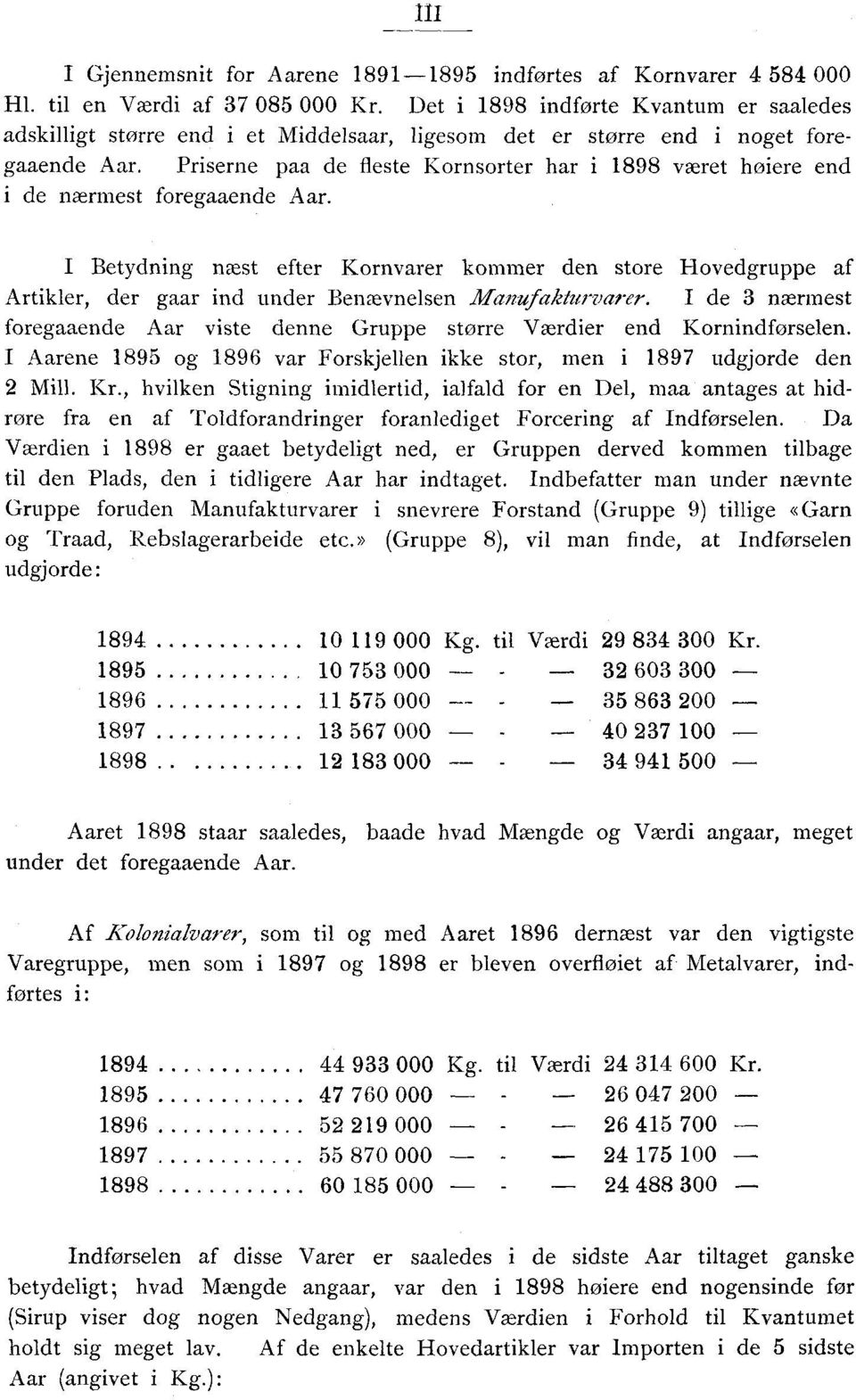 Priserne paa de fleste Kornsorter har i 1898 været høiere end i de nærmest foregaaende Aar.