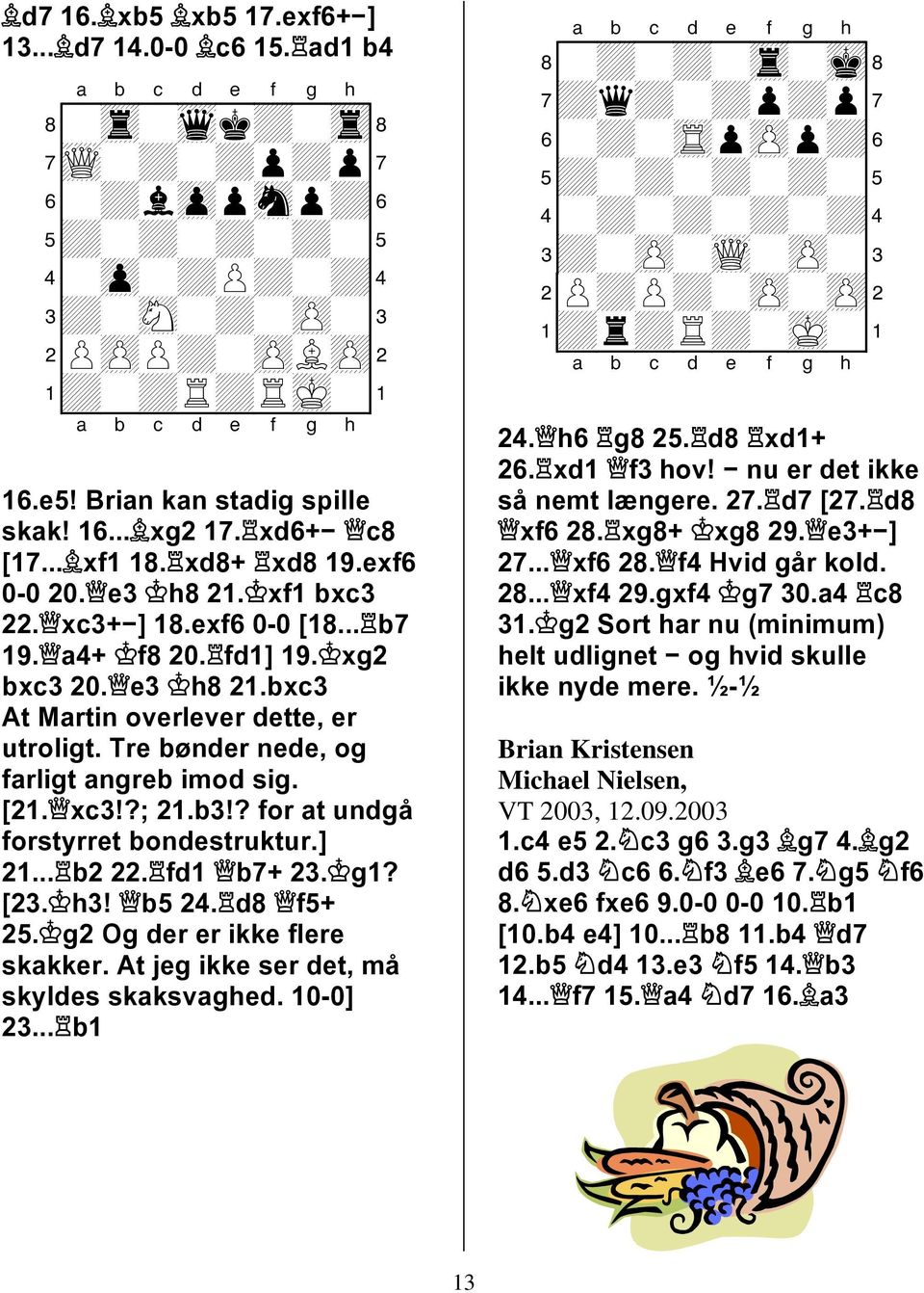 Tre bønder nede, og farligt angreb imod sig. [2. xc3!?; 2.b3!? for at undgå forstyrret bondestruktur.] 2... b2 22. fd b7+ 23. g? [23. h3! b5 24. d8 f5+ 25. g2 Og der er ikke flere skakker.