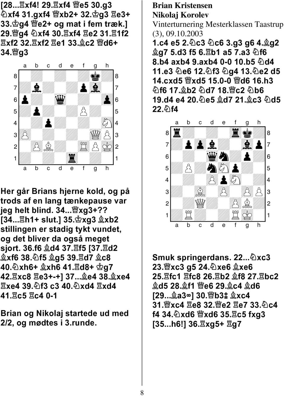 .. h+ slut.] 35. xg3 xb2 stillingen er stadig tykt vundet, og det bliver da også meget sjort. 36.f6 d4 37. f5 [37. d2 xf6 38. f5 g5 39. d7 c8 4. xh6+ xh6 4. d8+ g7 42. xc8 e3+-+] 37... e4 38.