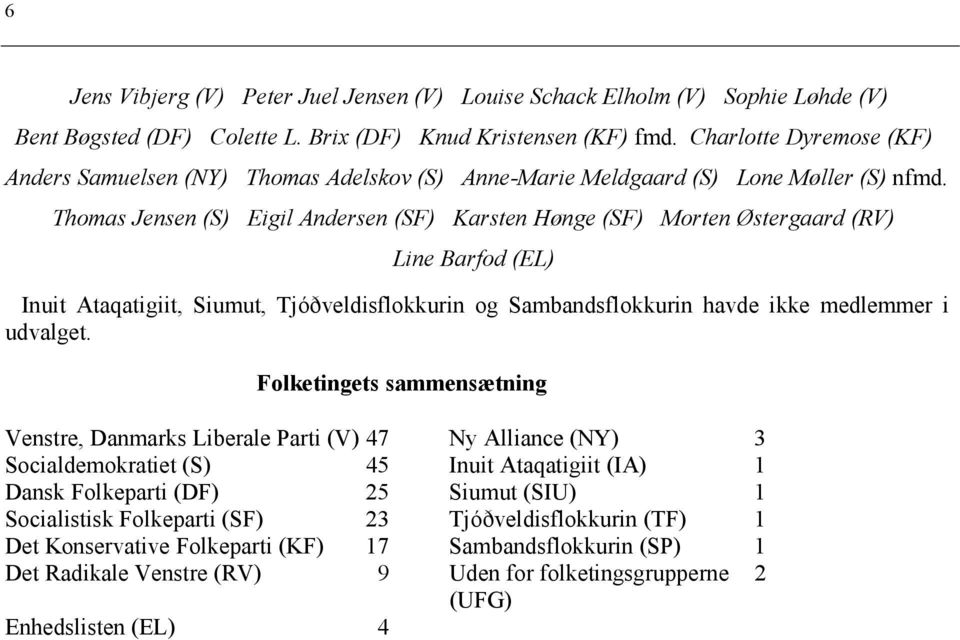 Thomas Jensen (S) Eigil Andersen (SF) Karsten Hønge (SF) Morten Østergaard (RV) Line Barfod (EL) Inuit Ataqatigiit, Siumut, Tjóðveldisflokkurin og Sambandsflokkurin havde ikke medlemmer i udvalget.