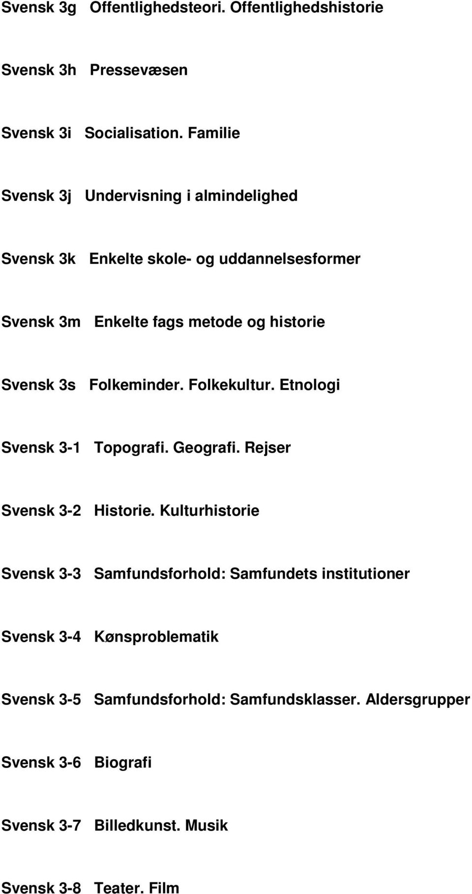 3s Folkeminder. Folkekultur. Etnologi Svensk 3-1 Topografi. Geografi. Rejser Svensk 3-2 Historie.