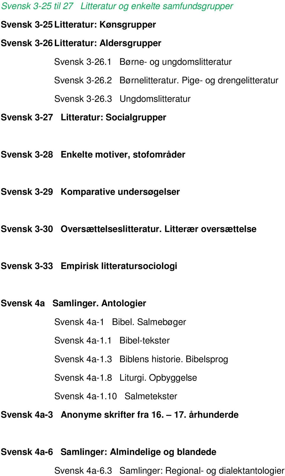 3 Ungdomslitteratur Svensk 3-27 Litteratur: Socialgrupper Svensk 3-28 Enkelte motiver, stofområder Svensk 3-29 Komparative undersøgelser Svensk 3-30 Oversættelseslitteratur.