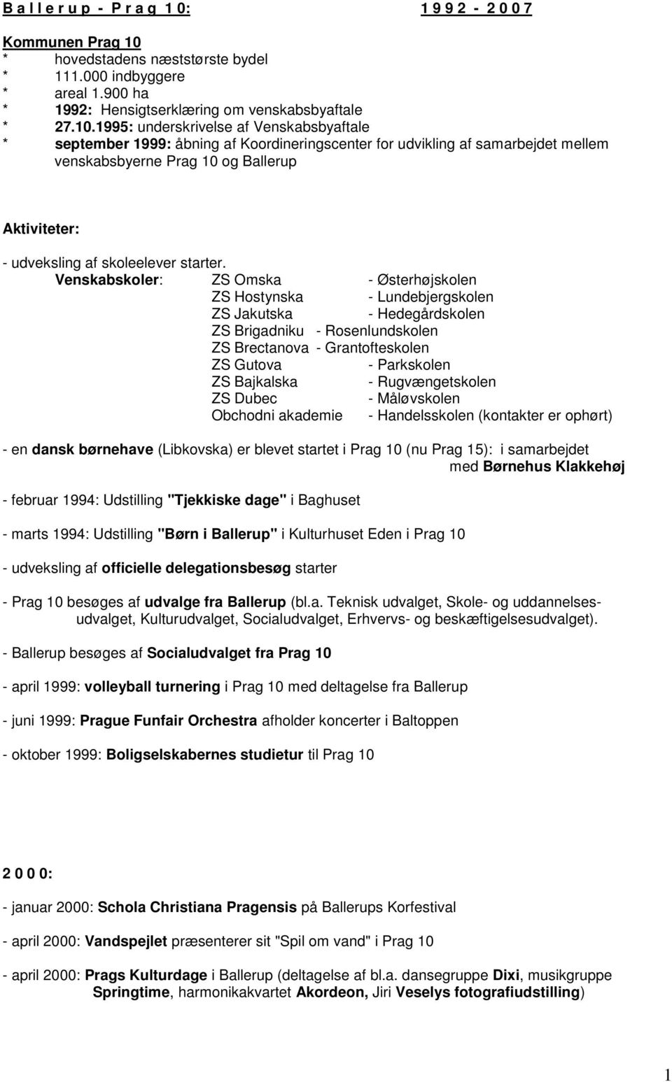 1995: underskrivelse af Venskabsbyaftale * september 1999: åbning af Koordineringscenter for udvikling af samarbejdet mellem venskabsbyerne Prag 10 og Ballerup Aktiviteter: - udveksling af