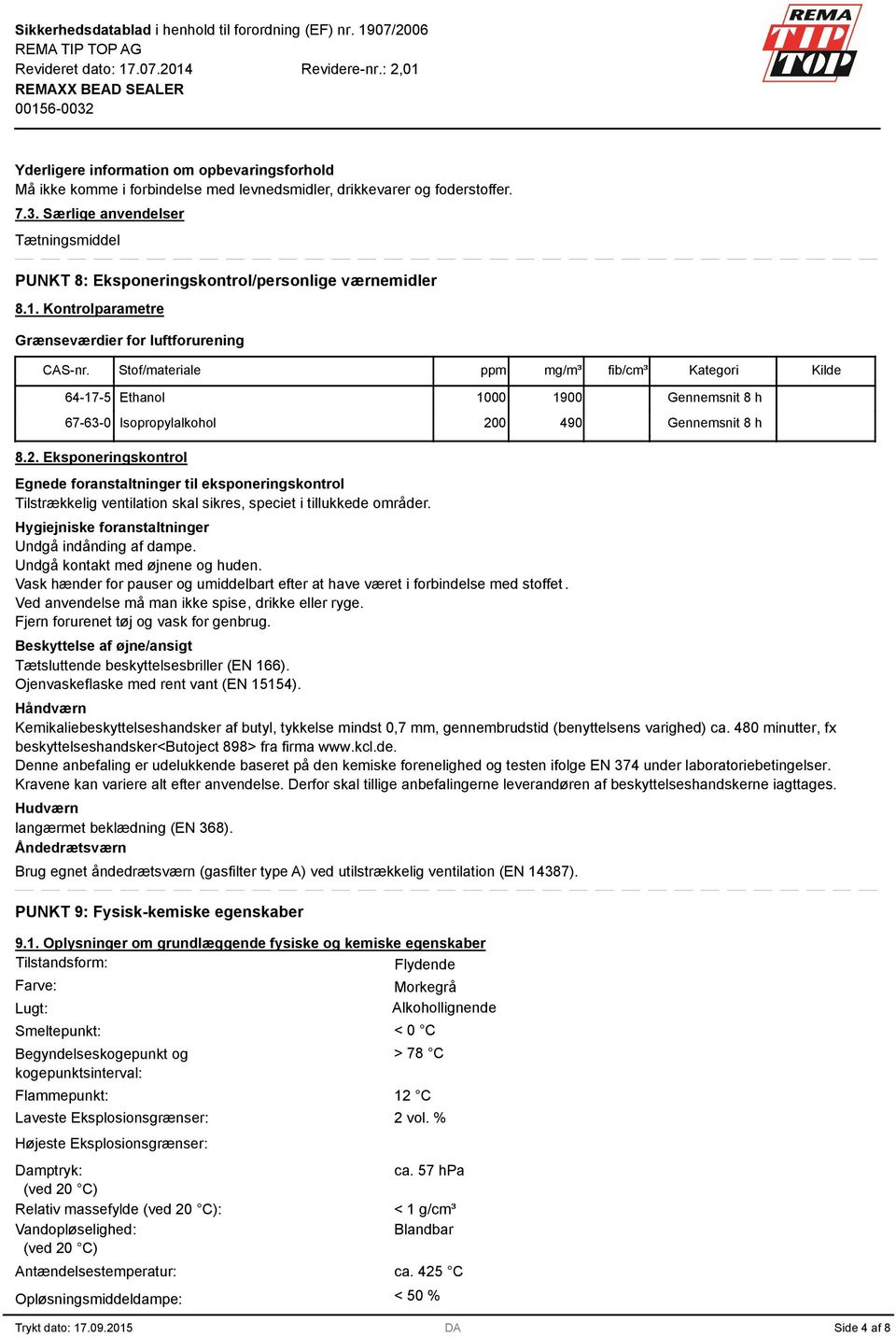 Stof/materiale ppm mg/m³ fib/cm³ Kategori Kilde 64-17-5 Ethanol 1000 1900 67-6-0 Isopropylalkohol 20