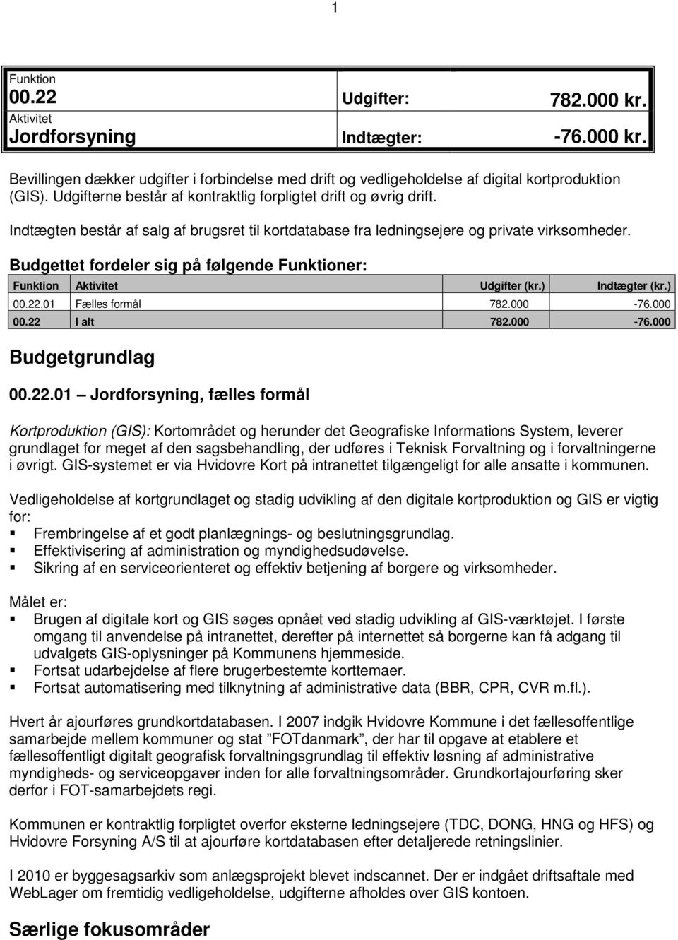 Budgettet fordeler sig på følgende Funktioner: Funktion Aktivitet Udgifter (kr.) Indtægter (kr.) 00.22.