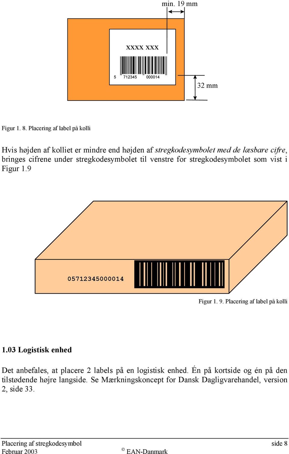 stregkodesymbolet til venstre for stregkodesymbolet som vist i Figur 1.9 05712345000014 Figur 1. 9. Placering af label på kolli 1.
