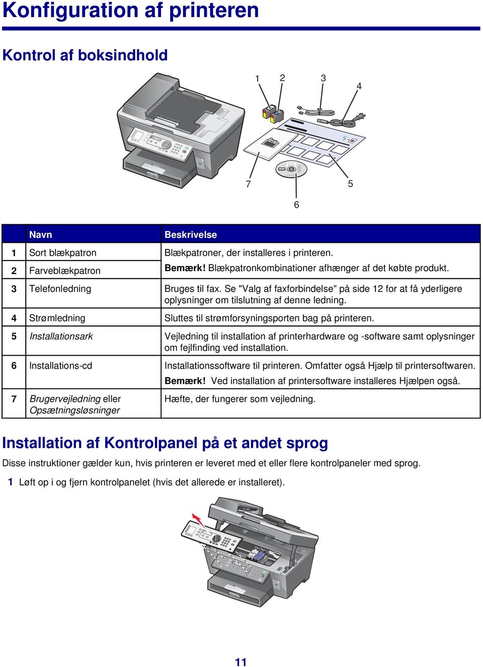 4 Strømledning Sluttes til strømforsyningsporten bag på printeren. 5 Installationsark Vejledning til installation af printerhardware og -software samt oplysninger om fejlfinding ved installation.
