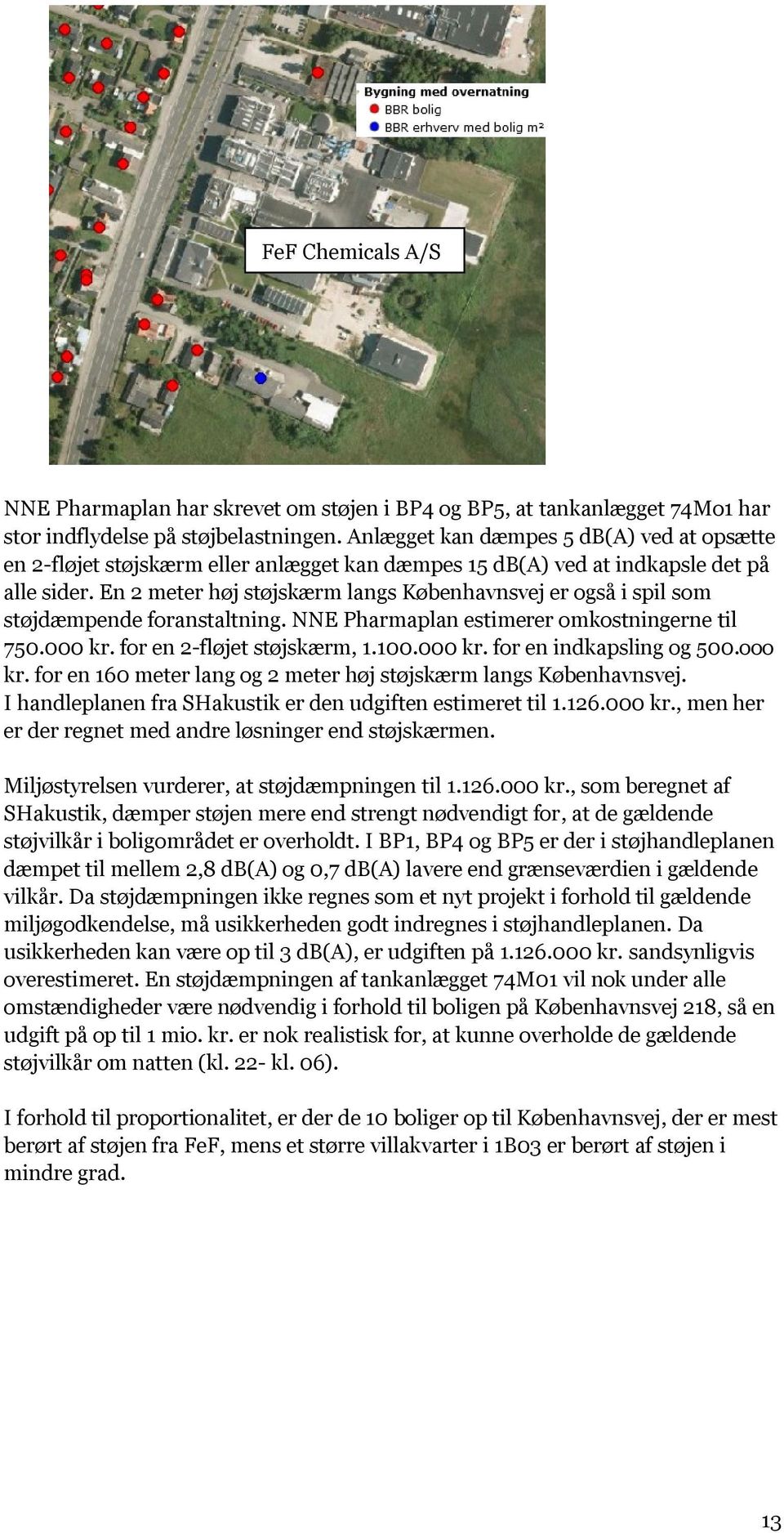 En 2 meter høj støjskærm langs Københavnsvej er også i spil som støjdæmpende foranstaltning. NNE Pharmaplan estimerer omkostningerne til 750.000 kr. for en 2-fløjet støjskærm, 1.100.000 kr. for en indkapsling og 500.