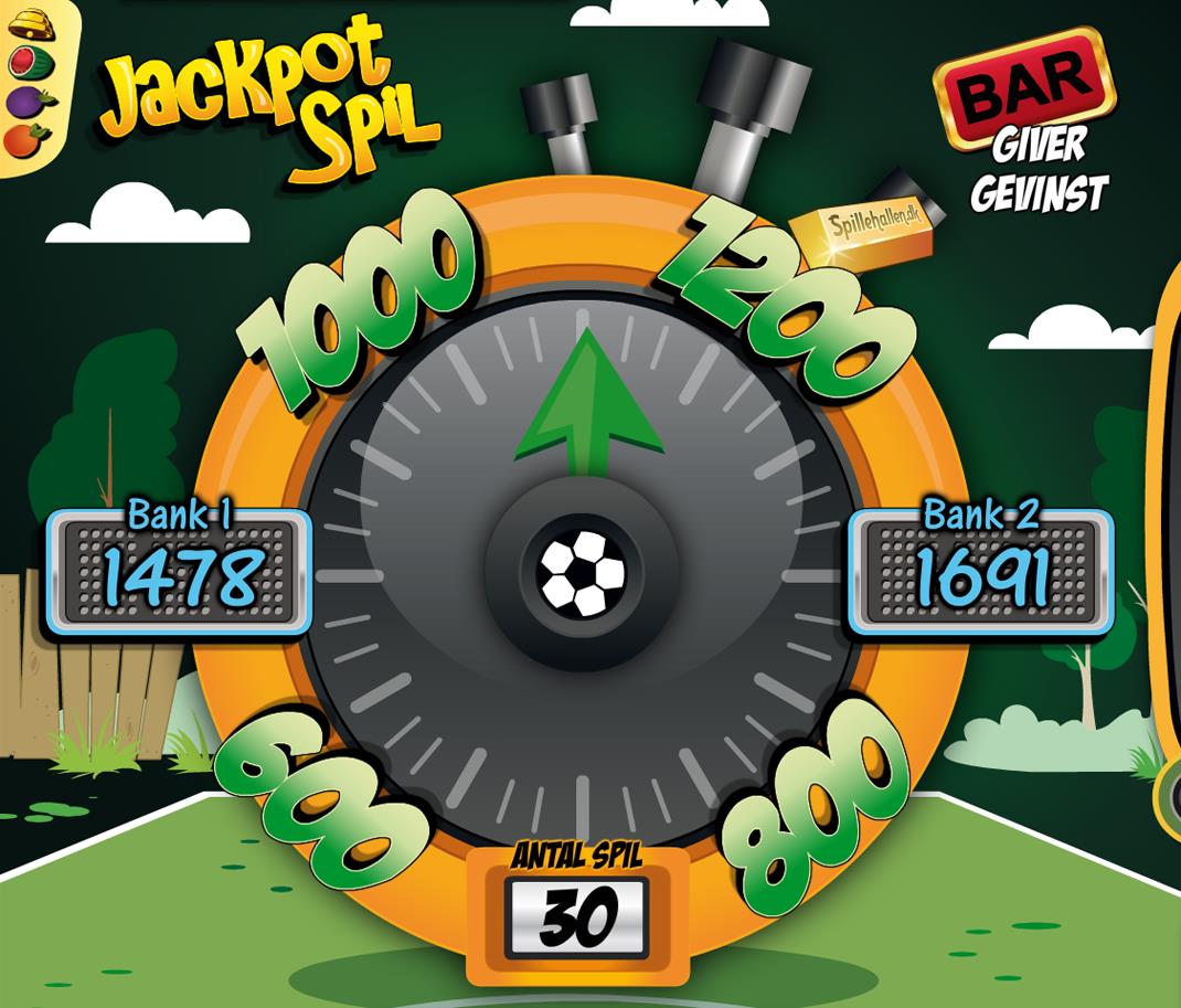 JACKPOT SPIL Jackpot Spil kan kun vindes fra Jackpot Flash. BAR på aktiv gevinstlinie giver gevinst (kun én gevinst pr spin), og lykkespil tæller ned efter 1. gevinst. Ved gevinst flashes mellem 600, 800, 1000, 1200, BANK 1 og BANK 2.