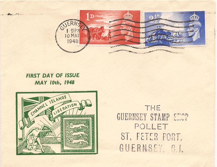 for befrielsen blev markeret af det engelsek postvæsen med udsendelsen af to frimærker den 10. maj 1948 (AFA 229 og 230).