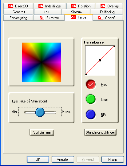 14 Fanen ATI Farve Fanen ATI Farve anvendes til at justere farveindstillingerne. Du kan ændre skærmfarverne rød, grøn og blå. Lysstyrke på skrivebord og Spil Gamma (lysstyrke) kan også ændres.