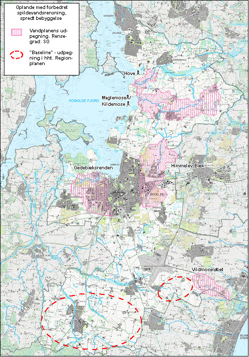 Figur 6 Vandplanernes udpegning af oplande med forbedret spildevandsrensning for spredt bebyggelse op til 70 ejendomme Regionplanens