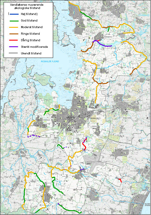 Figur 1 Nuværende økologisk tilstand for vandløb i Roskilde Kommune i