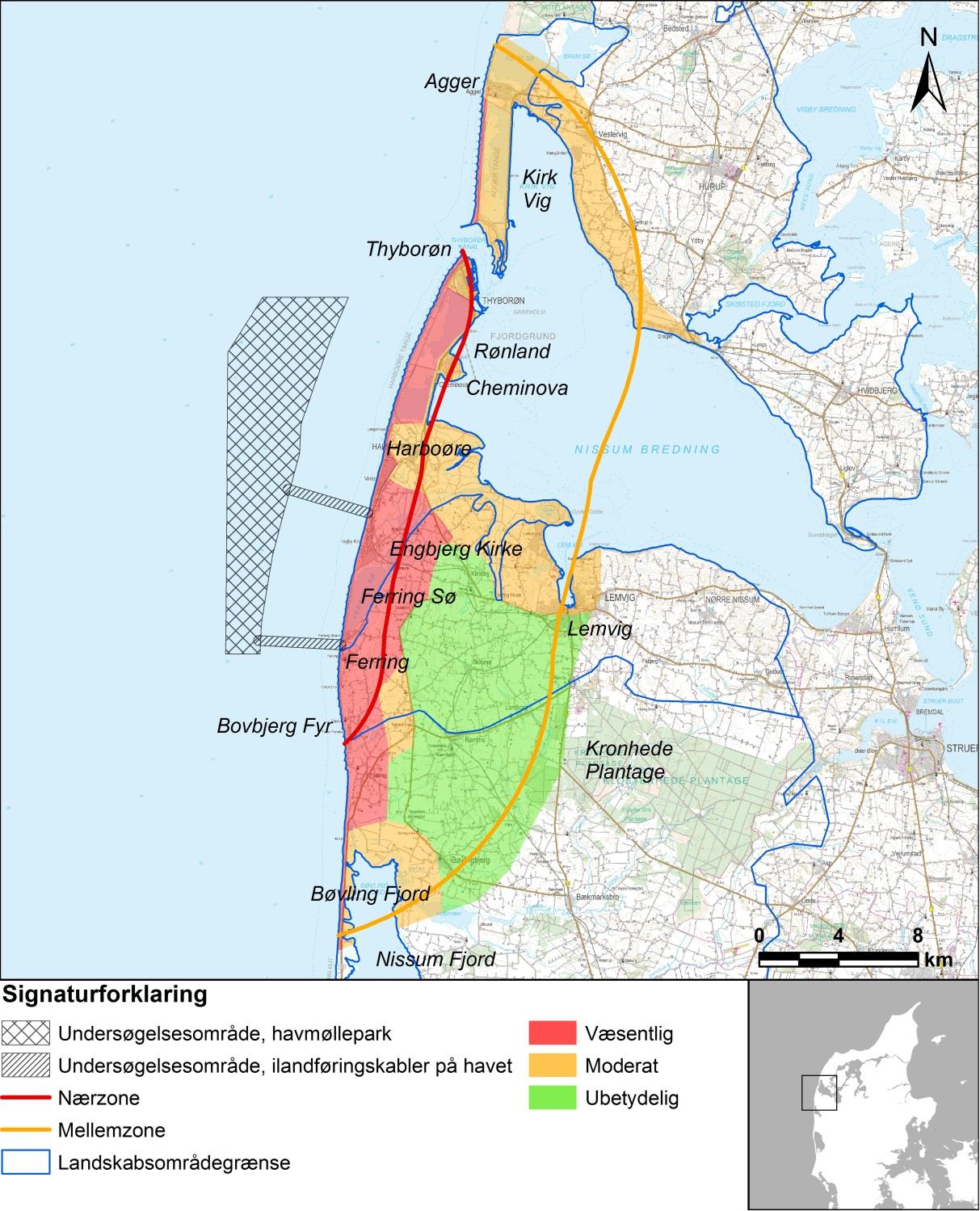 Figur 23-6. Den landskabelige påvirkning fra havmølleparken i driftsfasen. Landskabsområdegrænserne består af klitlandskabet længst mod vest og fjordlandskabe længst mod øst, jf. Figur 22-4.