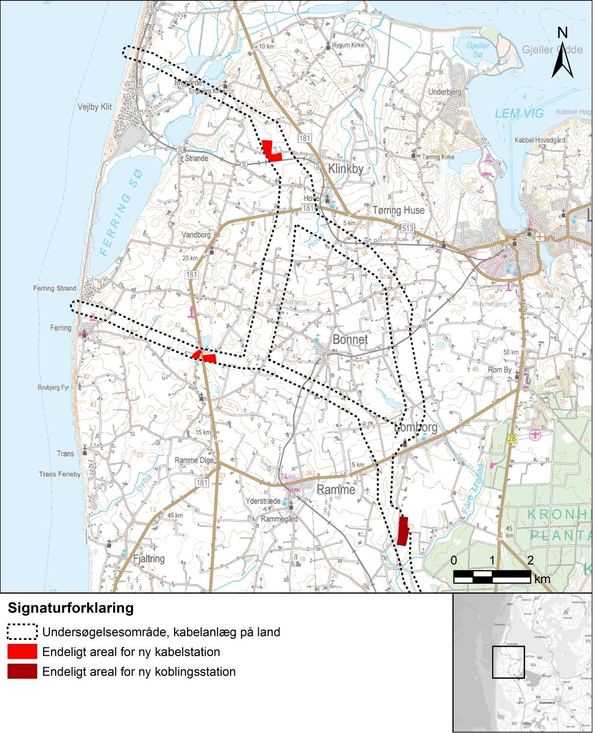 Figur 23-22. Endelige arealer for nye stationsanlæg og undersøgelsesområde for kabelanlæg på land.