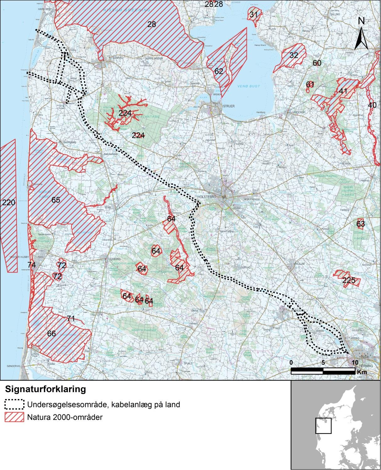 24.2 Eksisterende forhold 24.2.1 Natura 2000-områder Undersøgelsesområdet på land berører ingen Natura 2000-områder, men som det fremgår af Figur 24-1,