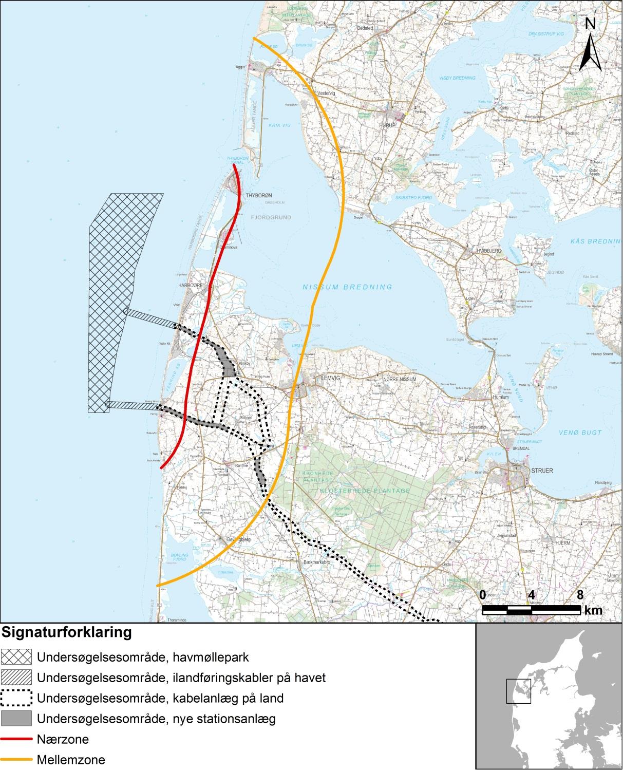 Figur 22-1. Havmølleparkens placering og afgrænsningen af henholdsvis nærzone og mellemzone (NIRAS, 2015a).