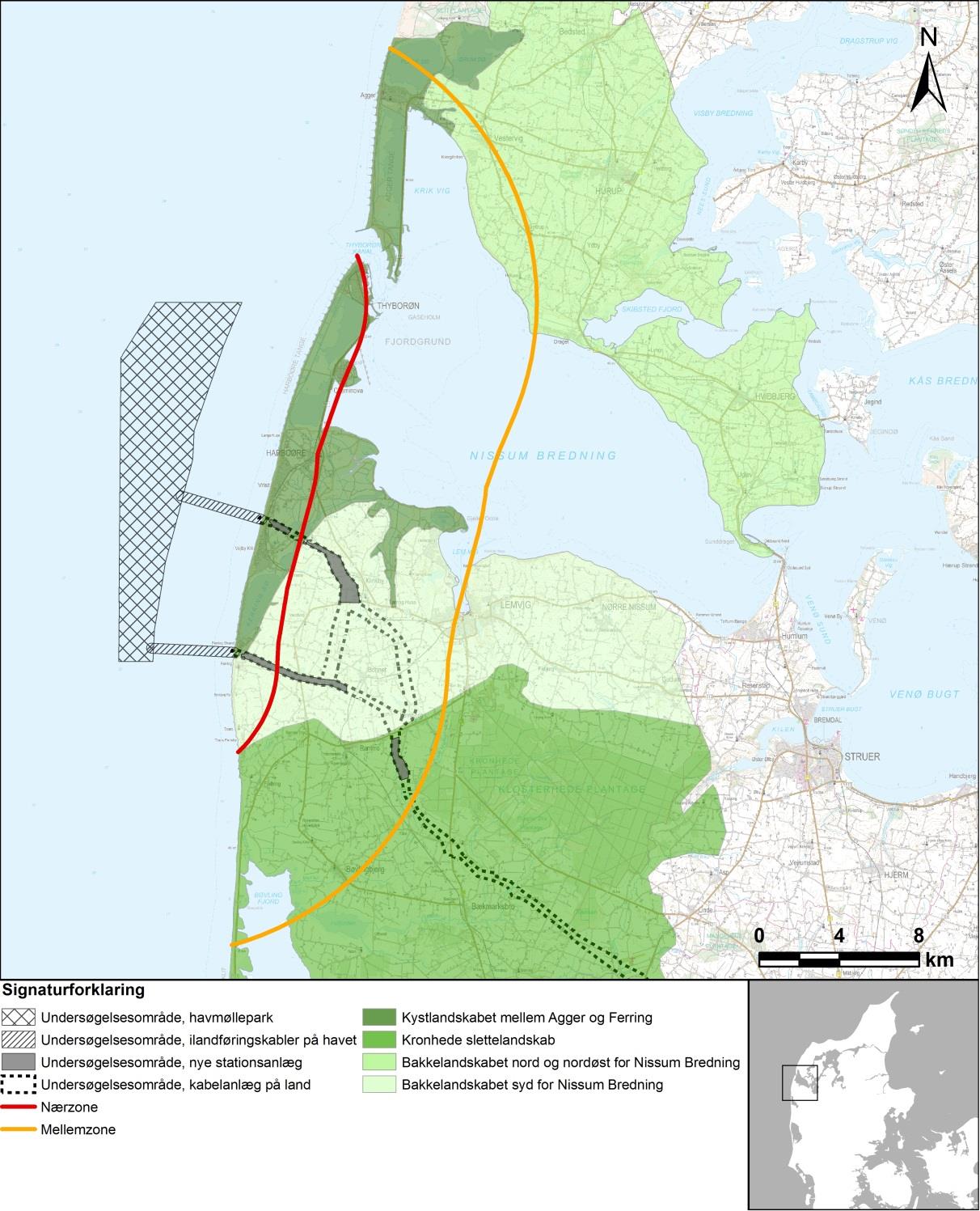 Figur 22-4. Afgrænsning af de fire overordnede landskabsområder, der er defineret indenfor undersøgelsesområdet i relation til havmølleparken og stationsanlæg.