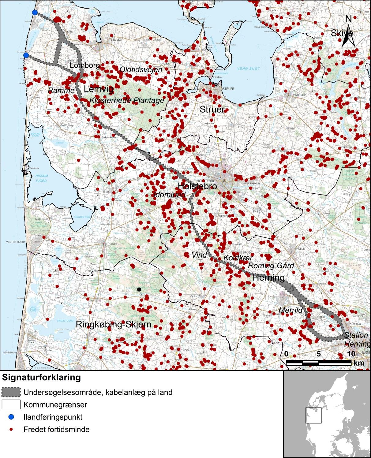 1 2 Figur 22-7. Kort over undersøgelsesområde samt densiteten af fredede fortidsminder i og omkring undersøgelsesområdet på land (Holstebro Museum, 2014).