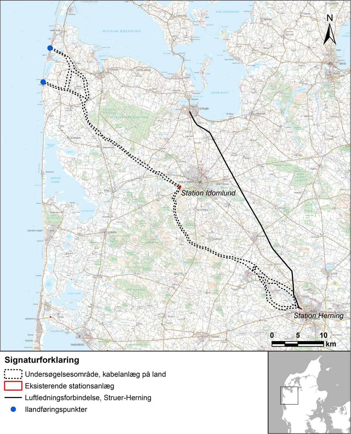 Figur 20-1. Undersøgelsesområdet for Vesterhav Nord Havmøllepark. 20.2 Alternativ linjeføring Undersøgelsesområdets forløb på strækningen mellem Vildbjerg og Herning omfatter to alternative linjeføringer.