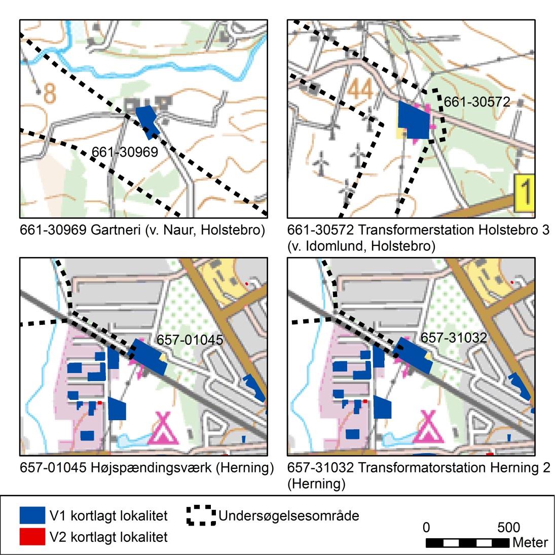 Figur 22-25. V1 kortlagte lokaliteter i undersøgelsesområdet (fra Holstebro til Station Herning) (NIRAS, 2015f).