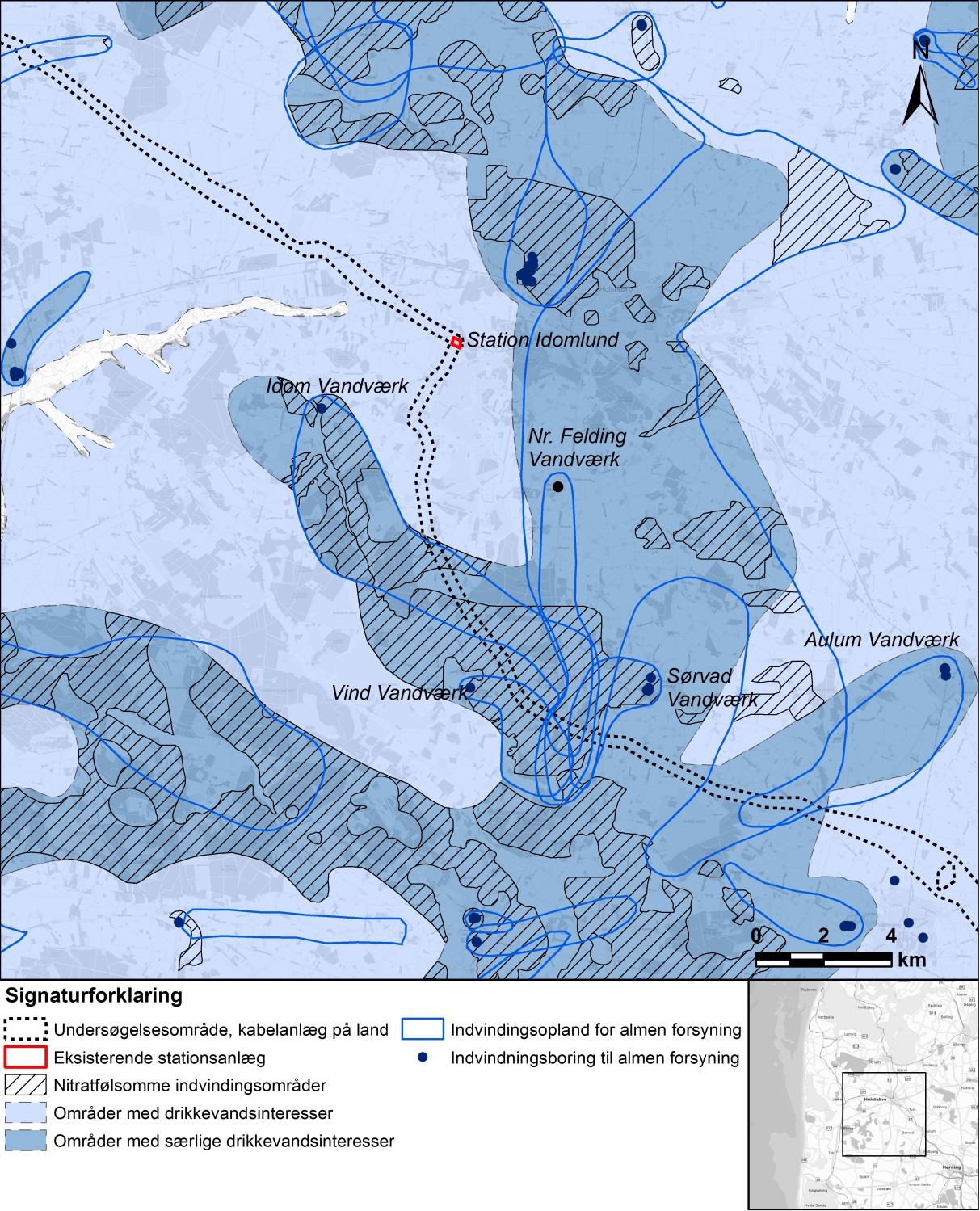 Figur 22-27. Grundvandskortlægning på strækningen fra Bækmarksbro til Aulum. Indvindingsoplandene for de fleste af de omtalte vandværker samler sig i området mellem Vind og Sørvad vandværker.