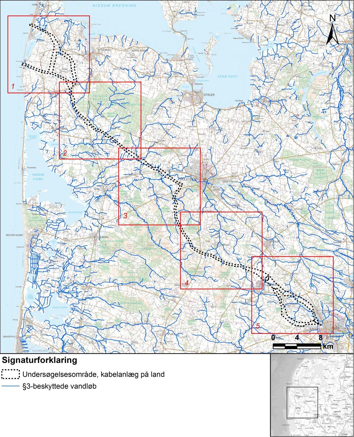 Figur 22-29. Delstrækninger i undersøgelsesområdet på land for Vesterhav Nord Havmøllepark.